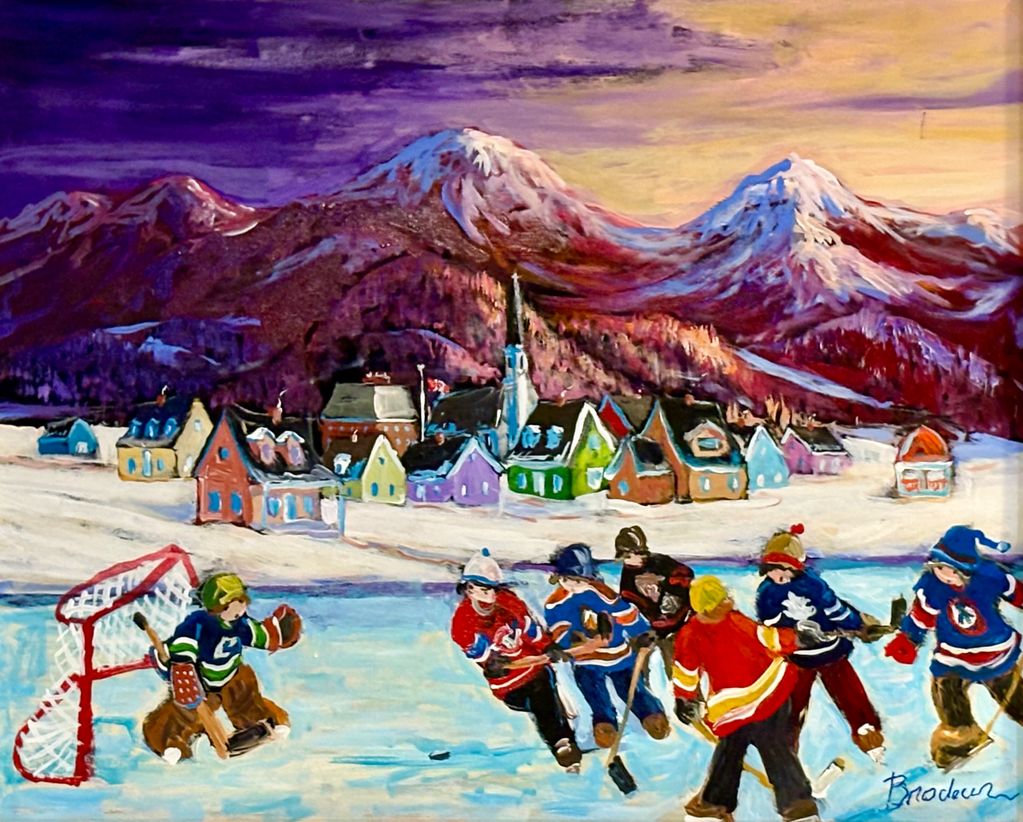 Joyful pond hockey beneath northern peaks.
Joie du hockey sur étang sous les pics du Nord.