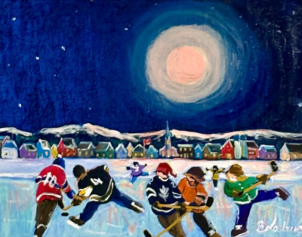 Kids play pond hockey beneath a glowing winter moon.