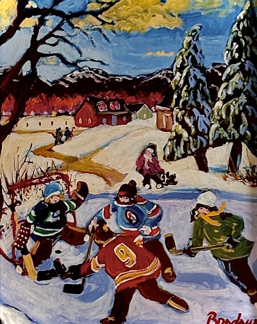 Kids play pond hockey under bright winter skies.