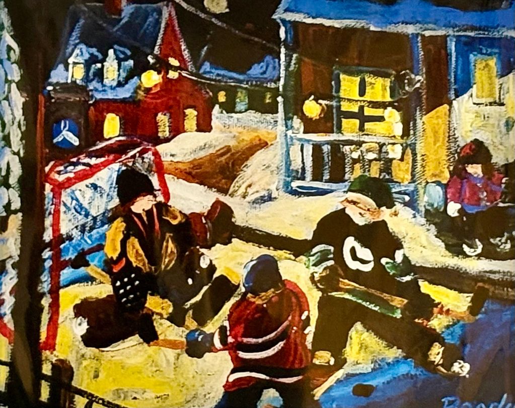 Joyful pond hockey beneath northern peaks.
Joie du hockey sur étang sous les pics du Nord.