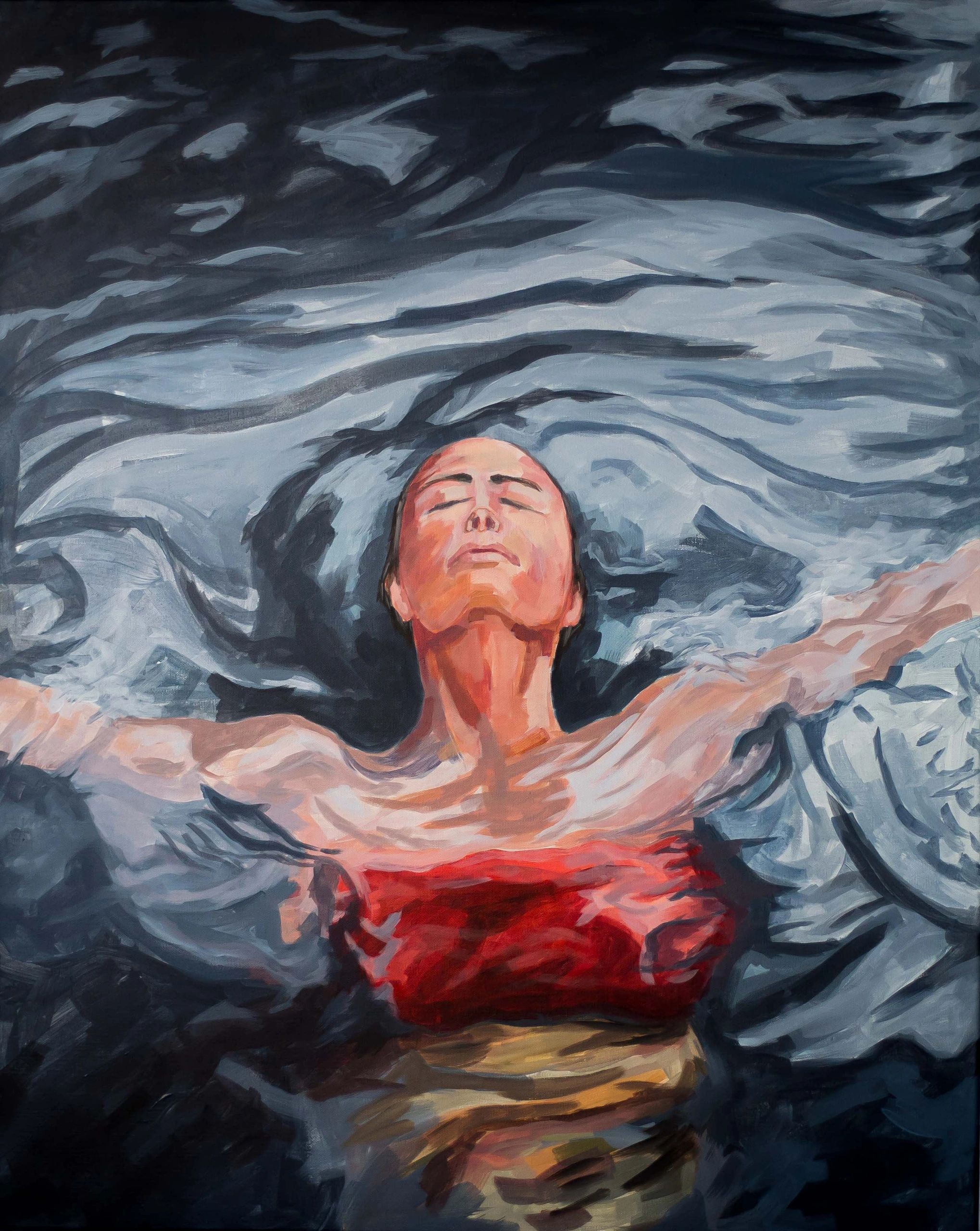 A person peacefully floating in water with eyes closed.