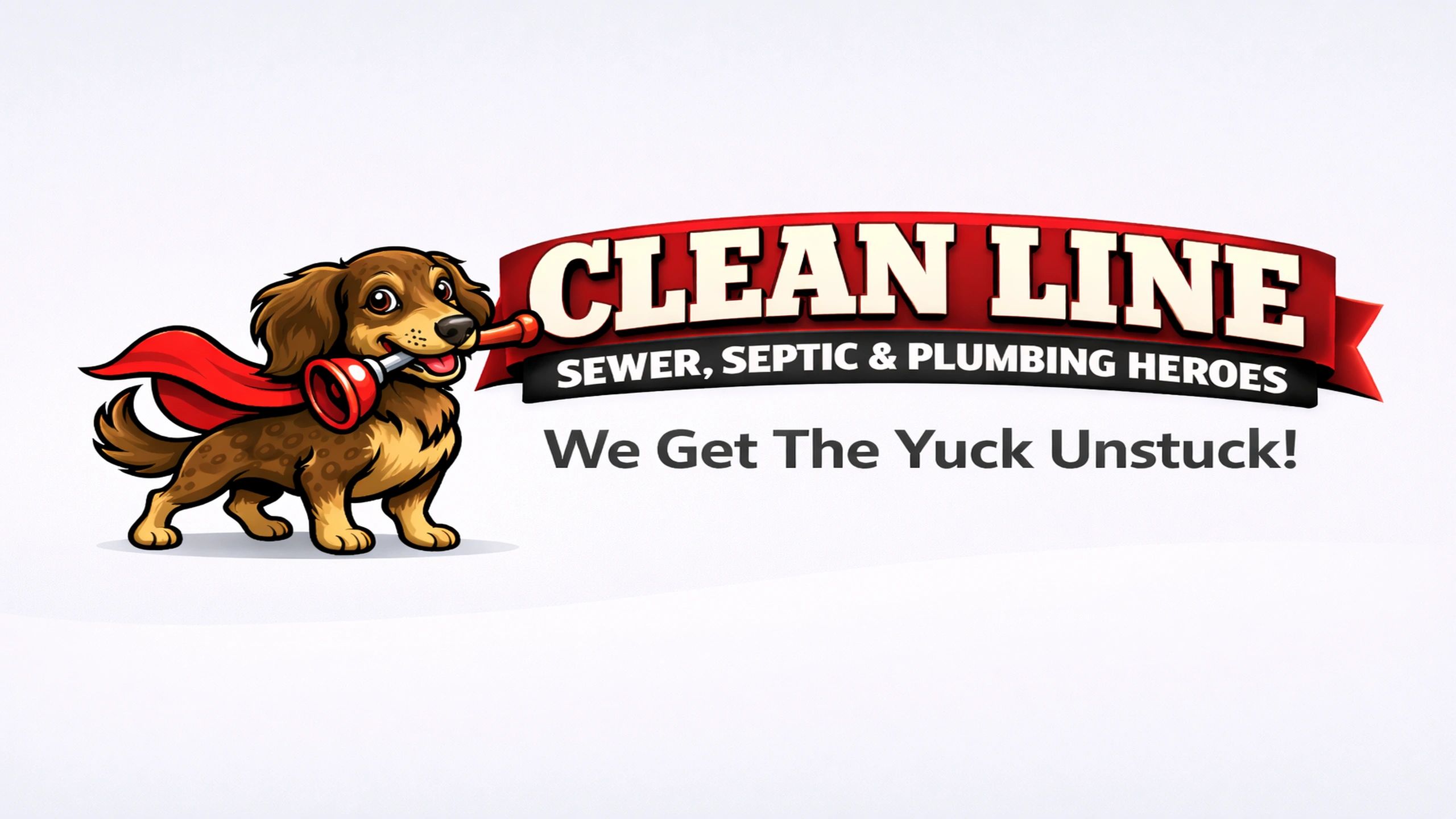 Cartoon dog with a plunger and red cape for Clean Line plumbing.