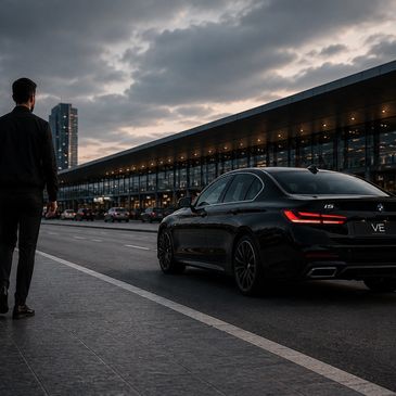 A man walks near a sleek black car parked by a modern building under a cloudy sky.
