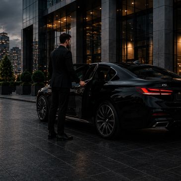 Man in a suit opening the door of a black luxury car at night.