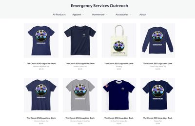 Picture of the Emergency Services Outreach Teespring store and products. Click the button or this im
