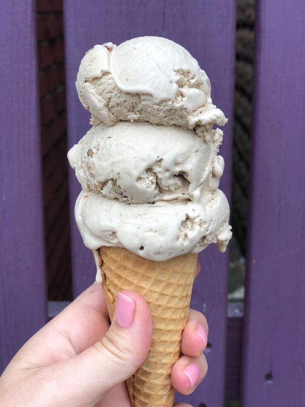 Double scoop of our maple walnut ice cream in a sugar cone.