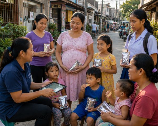 Women and children gathered in a neighborhood, holding drinks.