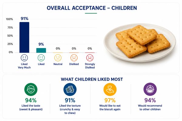 Chart shows 91% of children liked the biscuits very much.