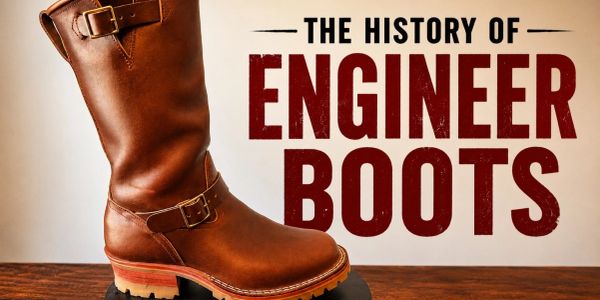 A brown leather engineer boot with text about its history.