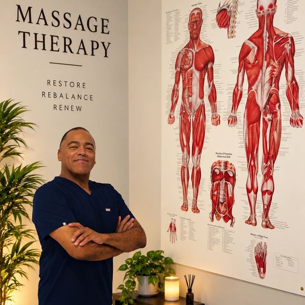 Massage therapist standing confidently by an anatomical muscle chart.