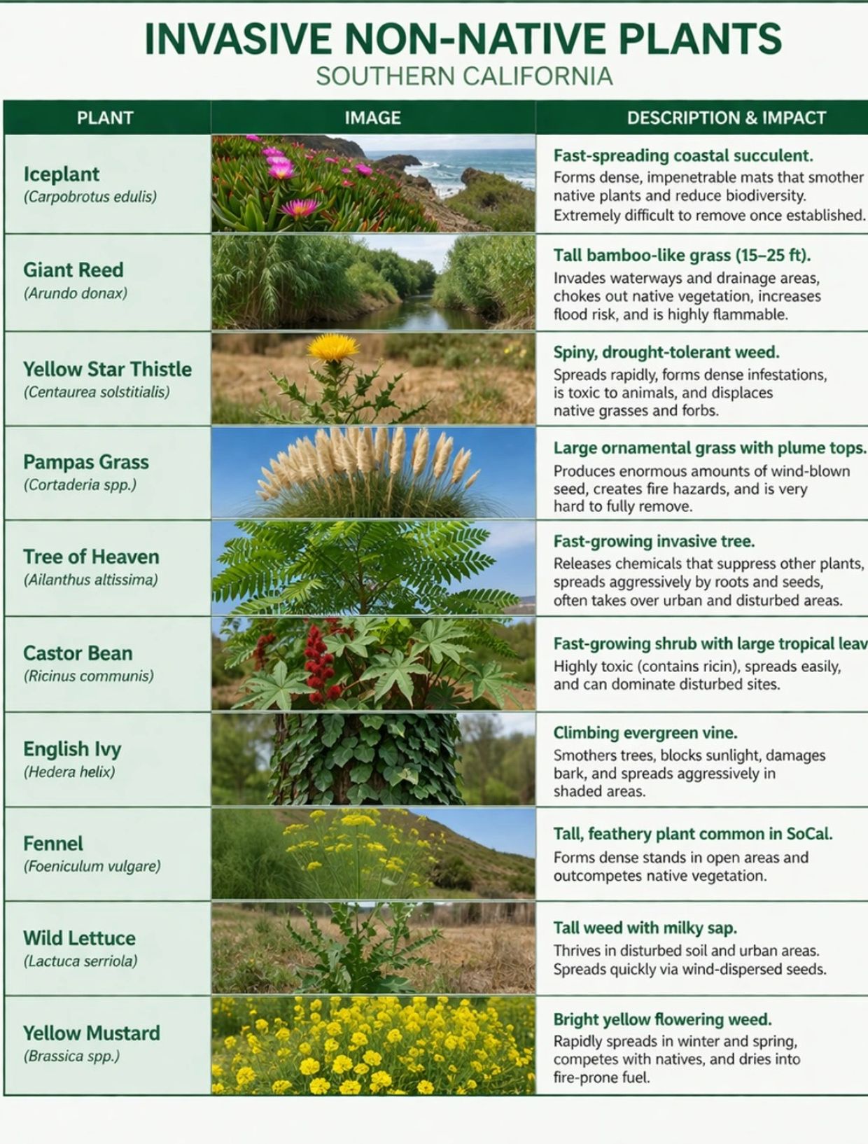 Chart of invasive non-native plants in Southern California with images and impacts.