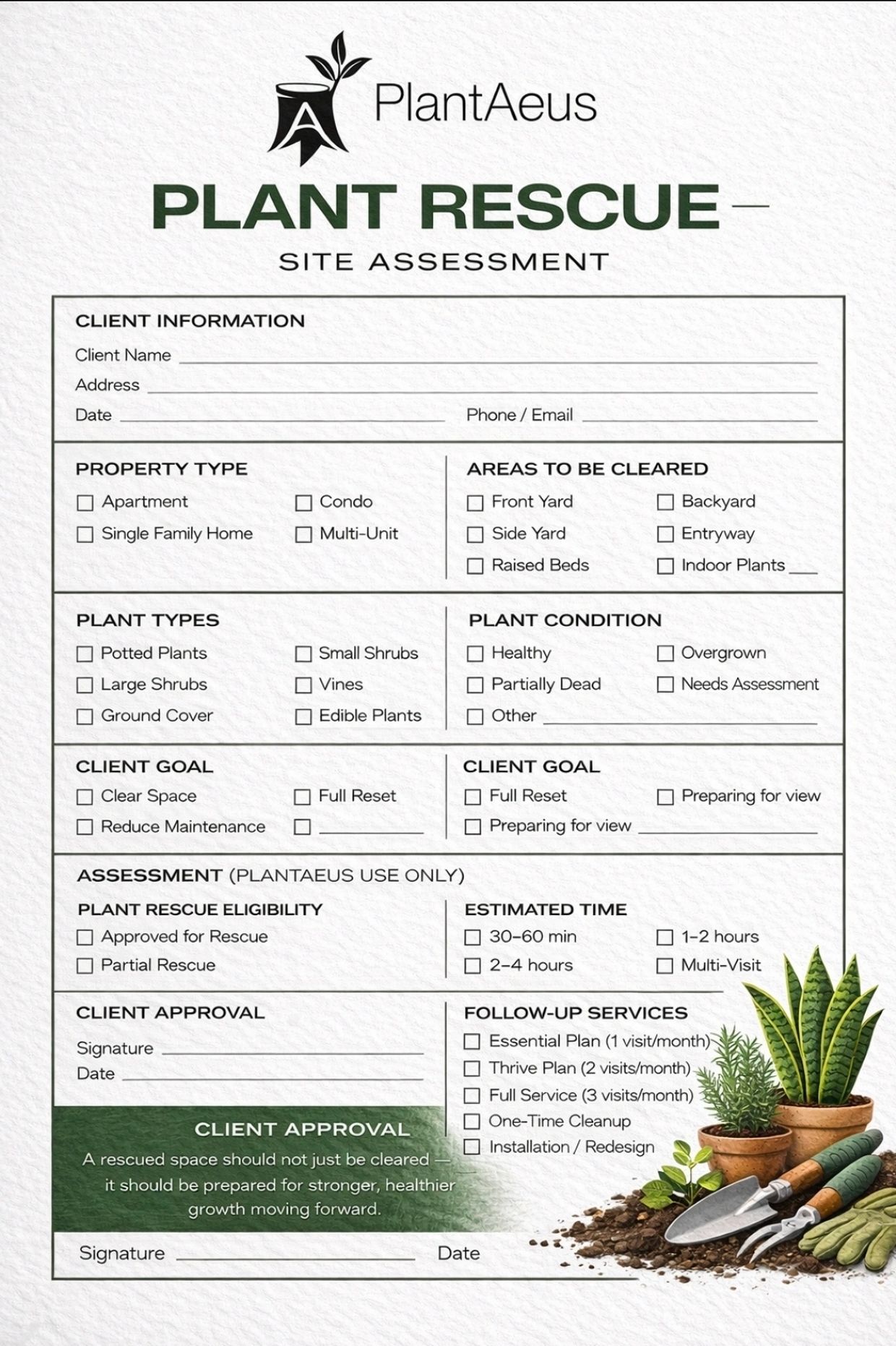 PlantAeus Plant Rescue site assessment form with client, plant, and service details.