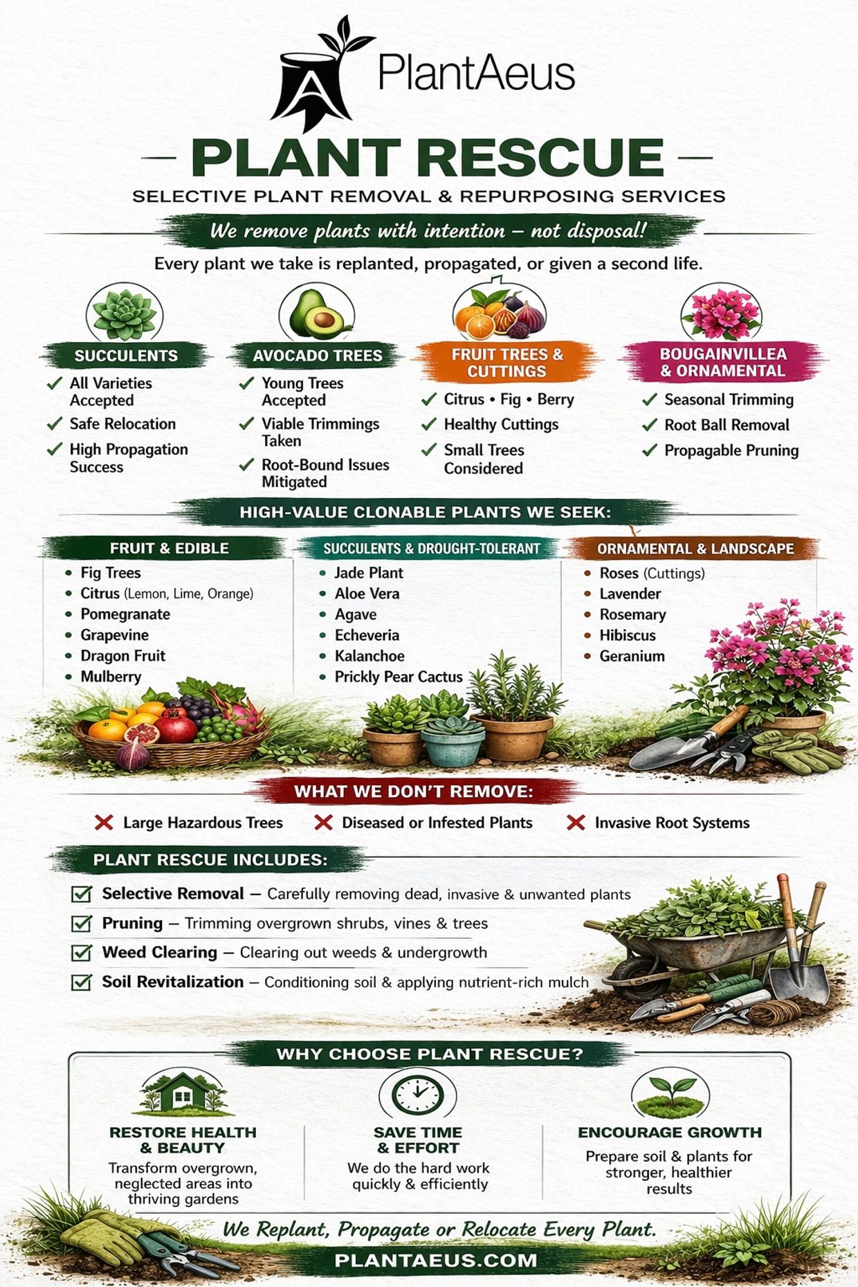 PlantAeus offers selective plant removal and repurposing, focusing on replanting and propagation.