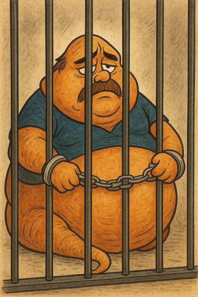 Sad cartoon man with a mustache in handcuffs behind bars.