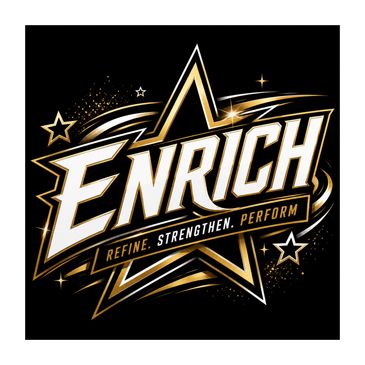 Bold "Enrich" logo with gold stars and dynamic effects on black background.