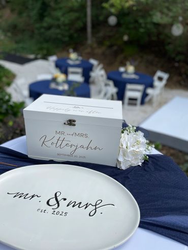 Wedding setup with a decorative box and plate for Mr. and Mrs. Kotterjahn, dated 2025.