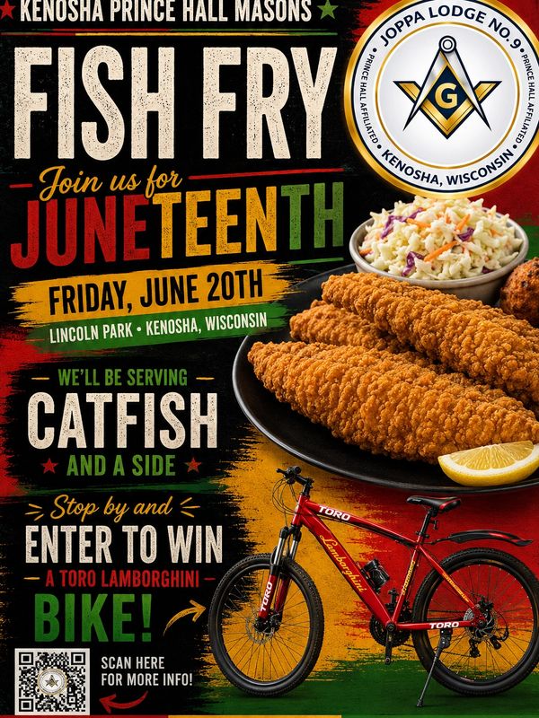 Flyer for Kenosha Prince Hall Masons Juneteenth Fish Fry event with catfish and bike giveaway.