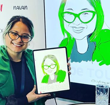 Digital caricature drawn on iPad and displayed on monitor at event.