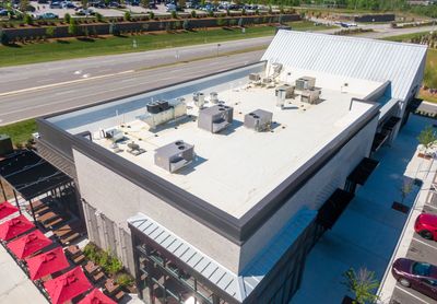 Roof of a commercial building with several AC units and a make-up air unit