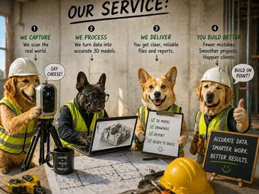 Dogs in construction gear demonstrating data capture and project planning.