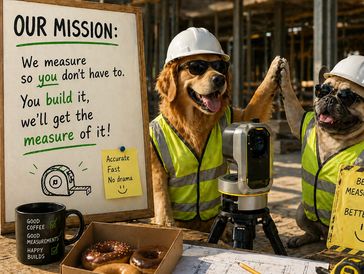Two dogs in construction gear high-five on a building site with mission and measurement signs.
