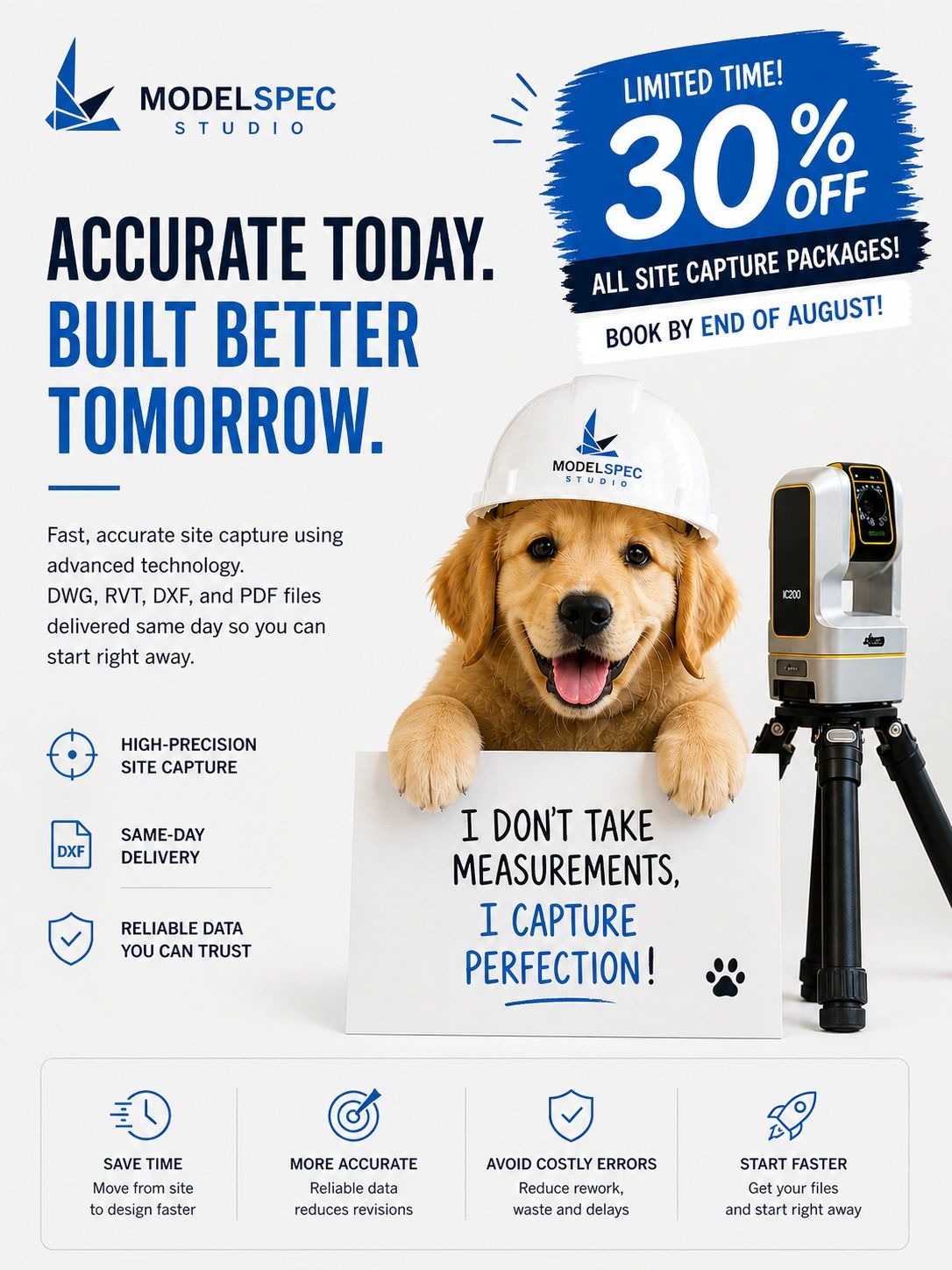 Golden retriever in a hard hat promoting accurate site capture with 30% off.