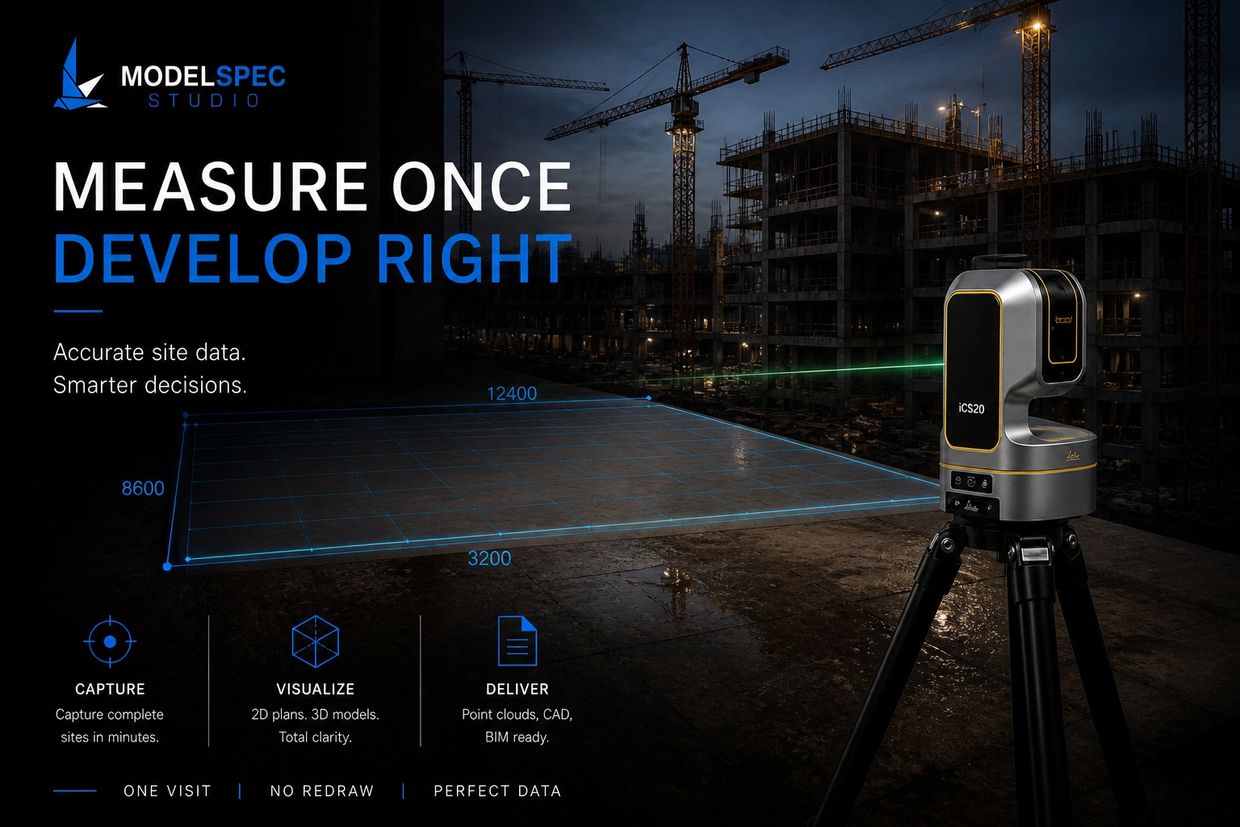 High-tech construction site measurement with Leica iCS20 scanning device at night.