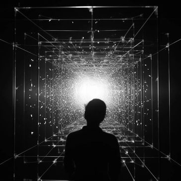 Silhouette of a person facing a bright, illuminated geometric tunnel.