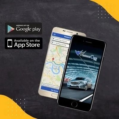 Two smartphones displaying a car rental app and map, with Google Play and App Store logos.