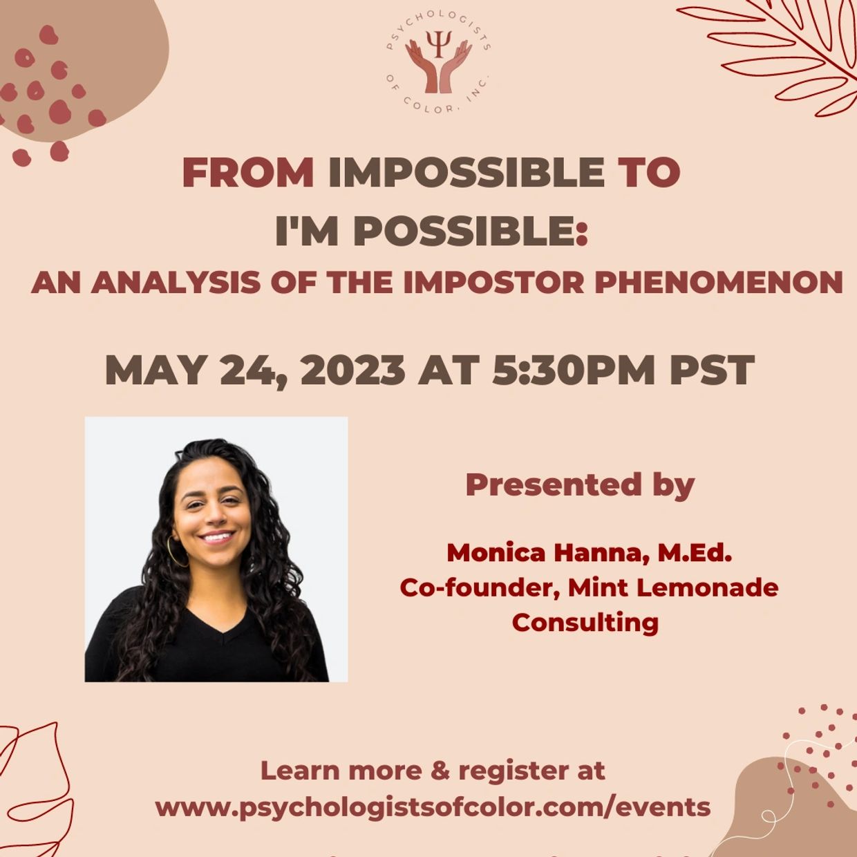 Webinar on overcoming impostor phenomenon presented by Monica Hanna on May 24, 2023.