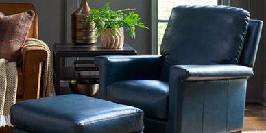 blue leather chair and matcing ottoman
