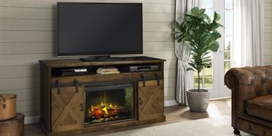 Media console for tv with a fire box insert.