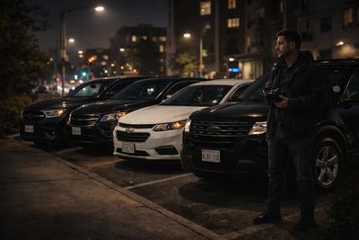 Man standing beside parked cars at night, holding a camera.