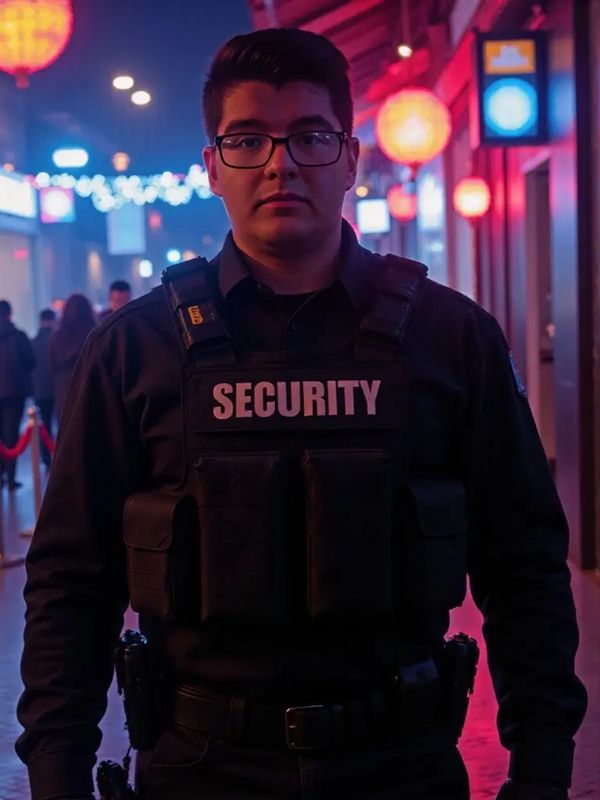 Security guard standing on a neon-lit street at night.