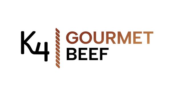 Logo for K4 Gourmet Beef featuring stylized text and a skewer design.