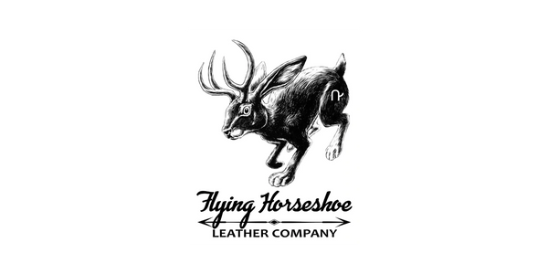 Black and white logo of a jackalope for Flying Horseshoe Leather Company.