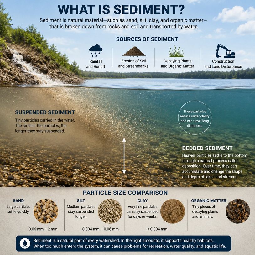 Explanation of sediment types and sources with particle size comparison.