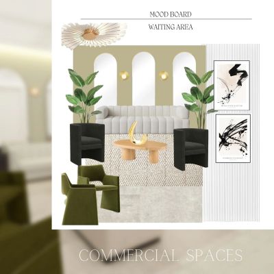 Mood board for a sleek commercial waiting area design.