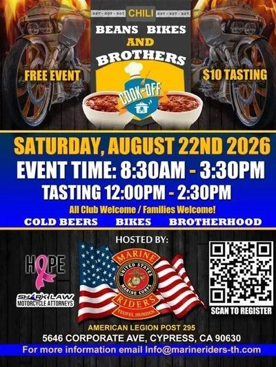 Chili cook-off event with bikes, brothers, and tasting on August 22, 2026.