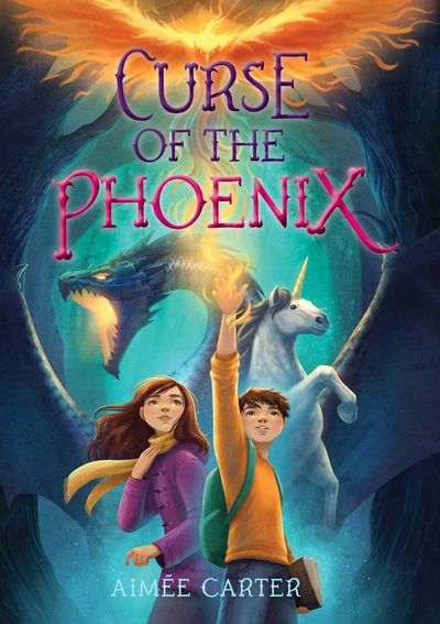 Cover of Curse of the Phoenix. A boy and a girl standing in front of a dragon, unicorn, and phoenix.