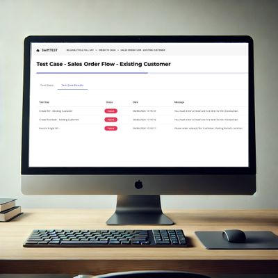 Computer screen showing failed test cases in sales order flow for an existing customer.