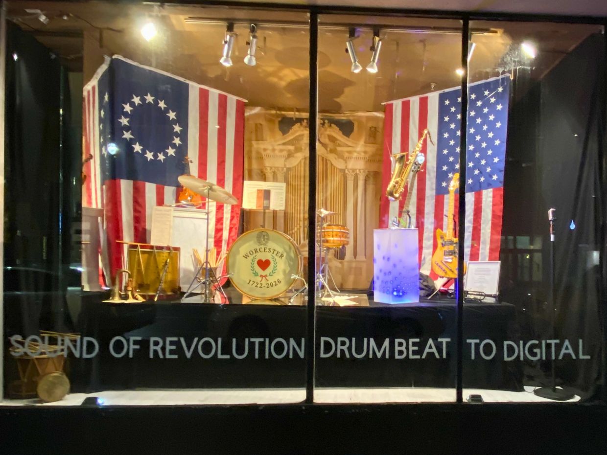 From Drumbeat to Digital” installation by Anneliese Place at the Denholm Building in Worcester, Mass