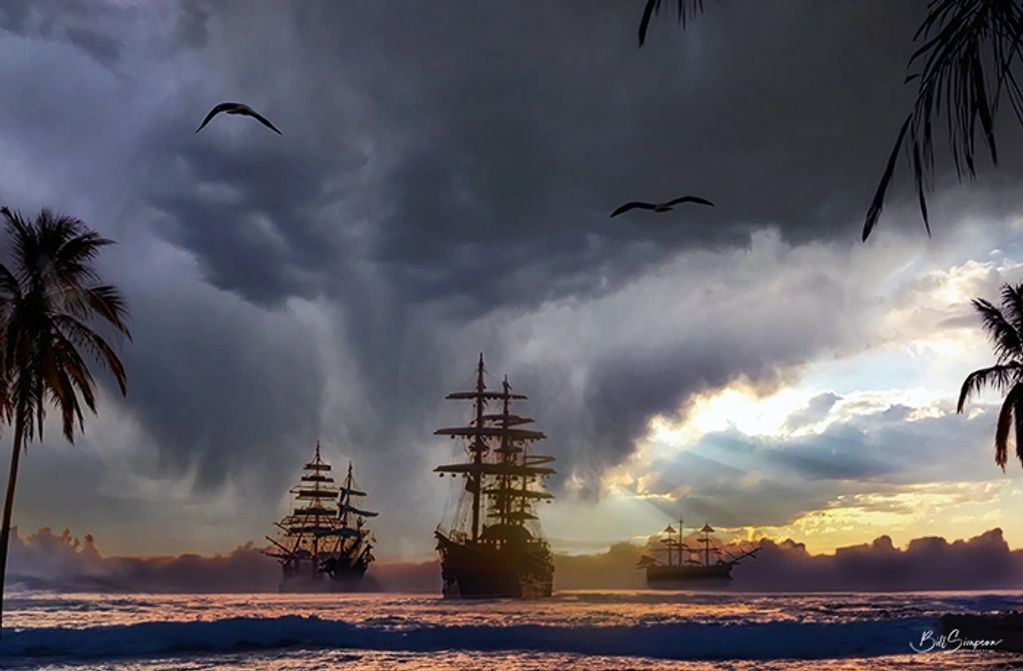 ships, storm, ocean, palms, carribean