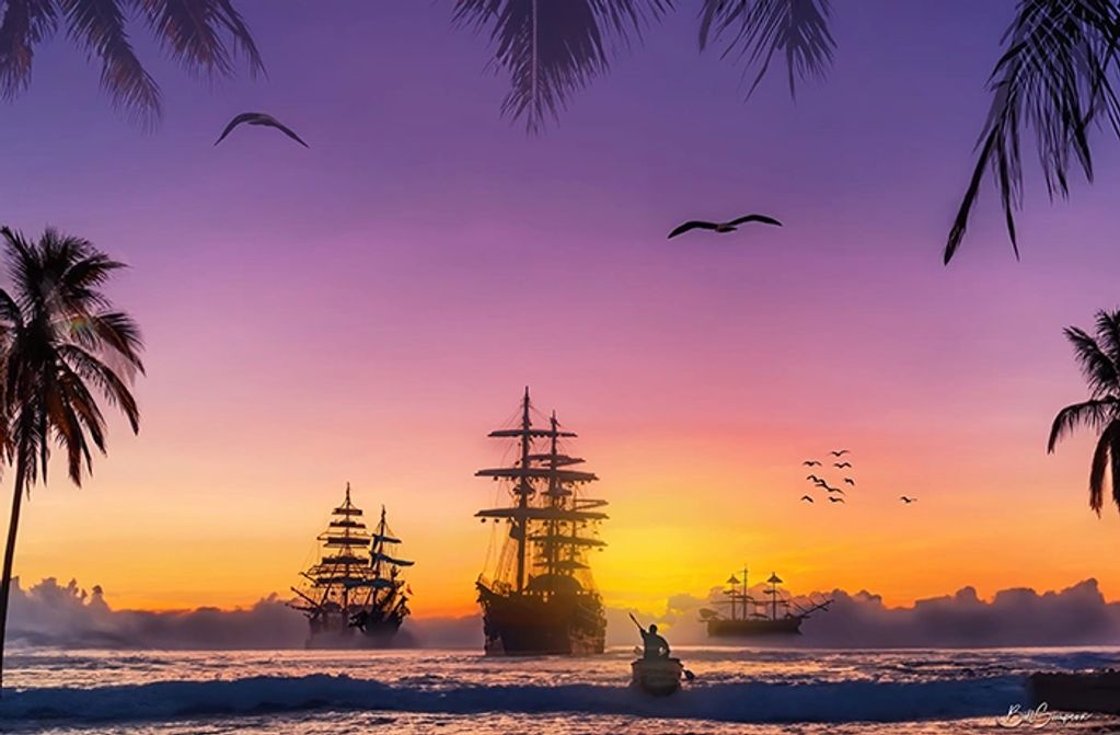 ships, rowboat, ocean, sunset, palm trees,