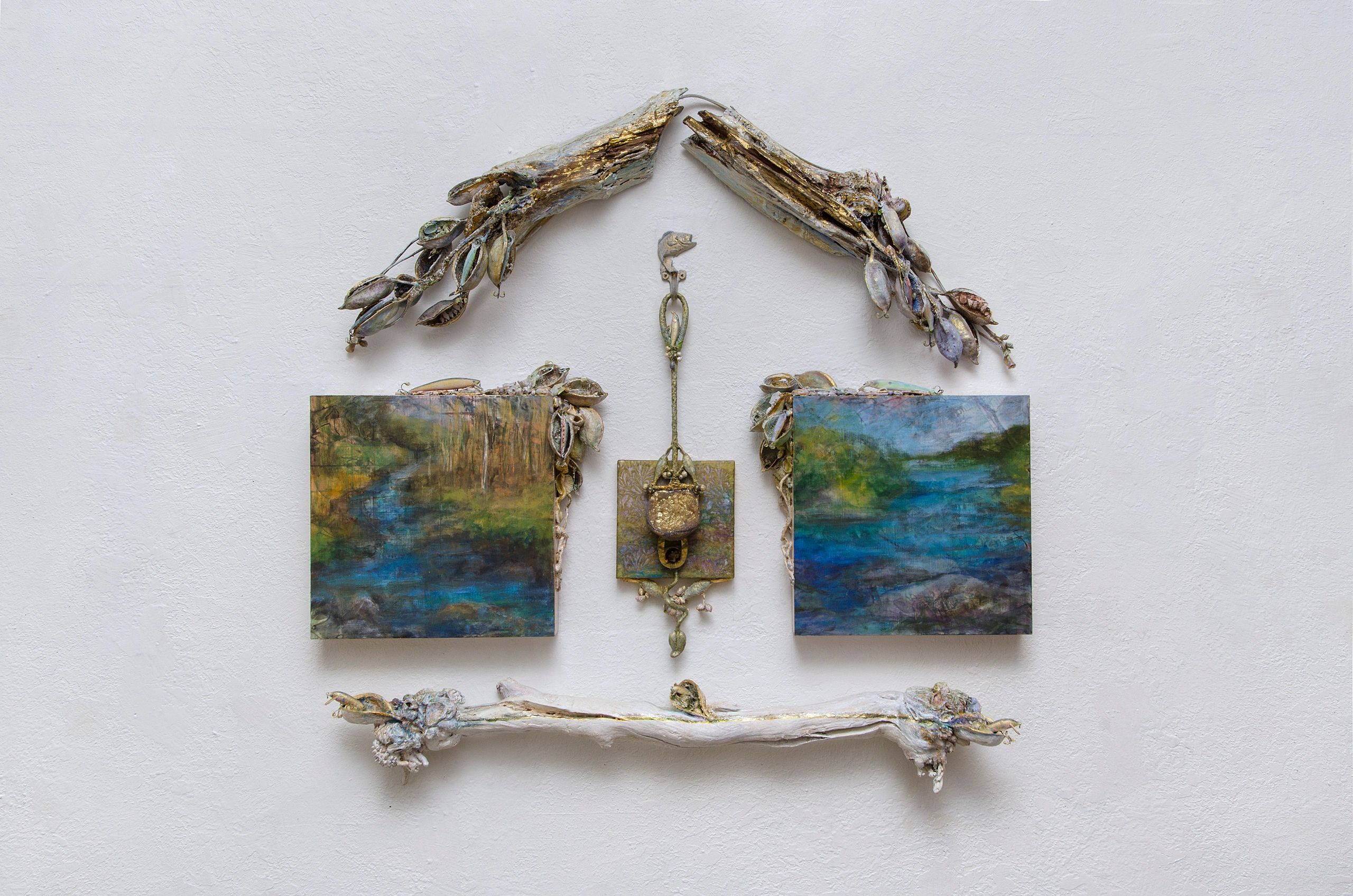 {"blocks":[{"key":"tkl5","text":"Sanctuary - mixed media: oil on panels, metal, wire, pods, branches, gold leaf, fishing lures, shells","type":"unstyled","depth":0,"inlineStyleRanges":[{"offset":0,"length":12,"style":"BOLD"},{"offset":0,"length":12,"style":"ITALIC"}],"entityRanges":[],"data":{}},{"key":"bh2io","text":"37” x 36” x 4 1/2”","type":"unstyled","depth":0,"inlineStyleRanges":[],"entityRanges":[],"data":{}},{"key":"au601","text":"2015","type":"unstyled","depth":0,"inlineStyleRanges":[],"entityRanges":[],"data":{}}],"entityMap":{}}
