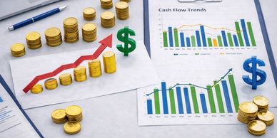 Stacks of coins with charts showing financial growth and cash flow trends.