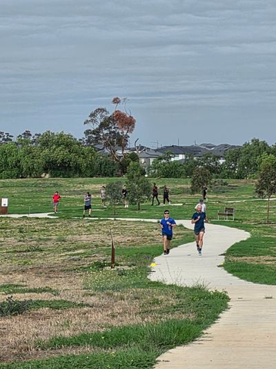 People jogging and walking on a winding park path on a cloudy day.