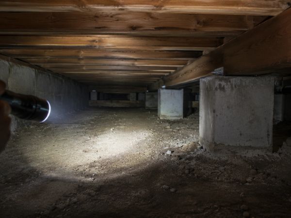 Flashlight illuminating a crawl space beneath a building with wooden beams and concrete supports.