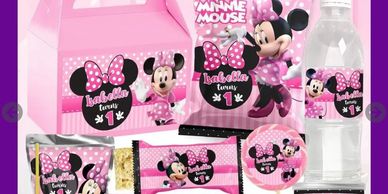 Custom-themed party favors including chip bags, water bottles, gable boxes, and juice boxes.