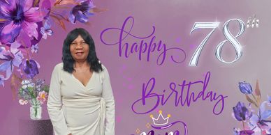 Woman on a purple floral backdrop with the words "Happy 78th Birthday Mom" written on the backdrop.